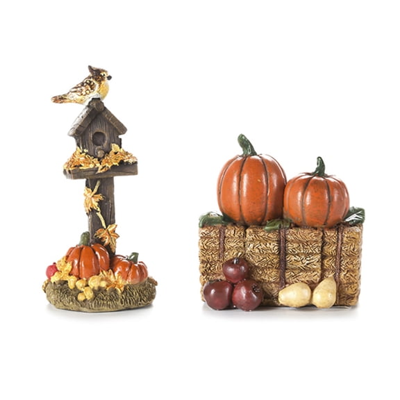 Darice Fall Decor - Resin Mini Fairy Garden Birdhouse Bale of Hat 2pc Set