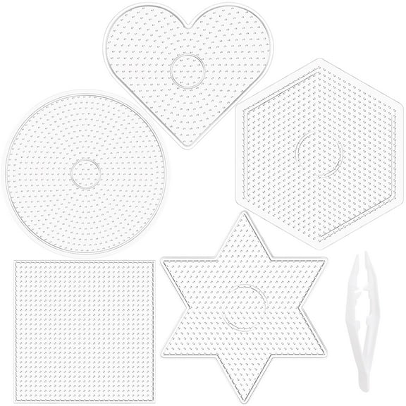 Darice Fuse Beads Pegboards 5pcs - 5mm Melty Beads Peg Board, Clear Plastic Boards Kit for Kids and Adults - 3" Square, Circle, Heart, Star, Hexagon
