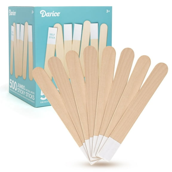 Darice Self-Adhesive Popsicle Sticks for Crafts 500 Jumbo Wooden Sticks with Adhesive Tips, 6 x 1, Mess-Free Arts and Crafts for Classroom, STEM, Home Ages 3+