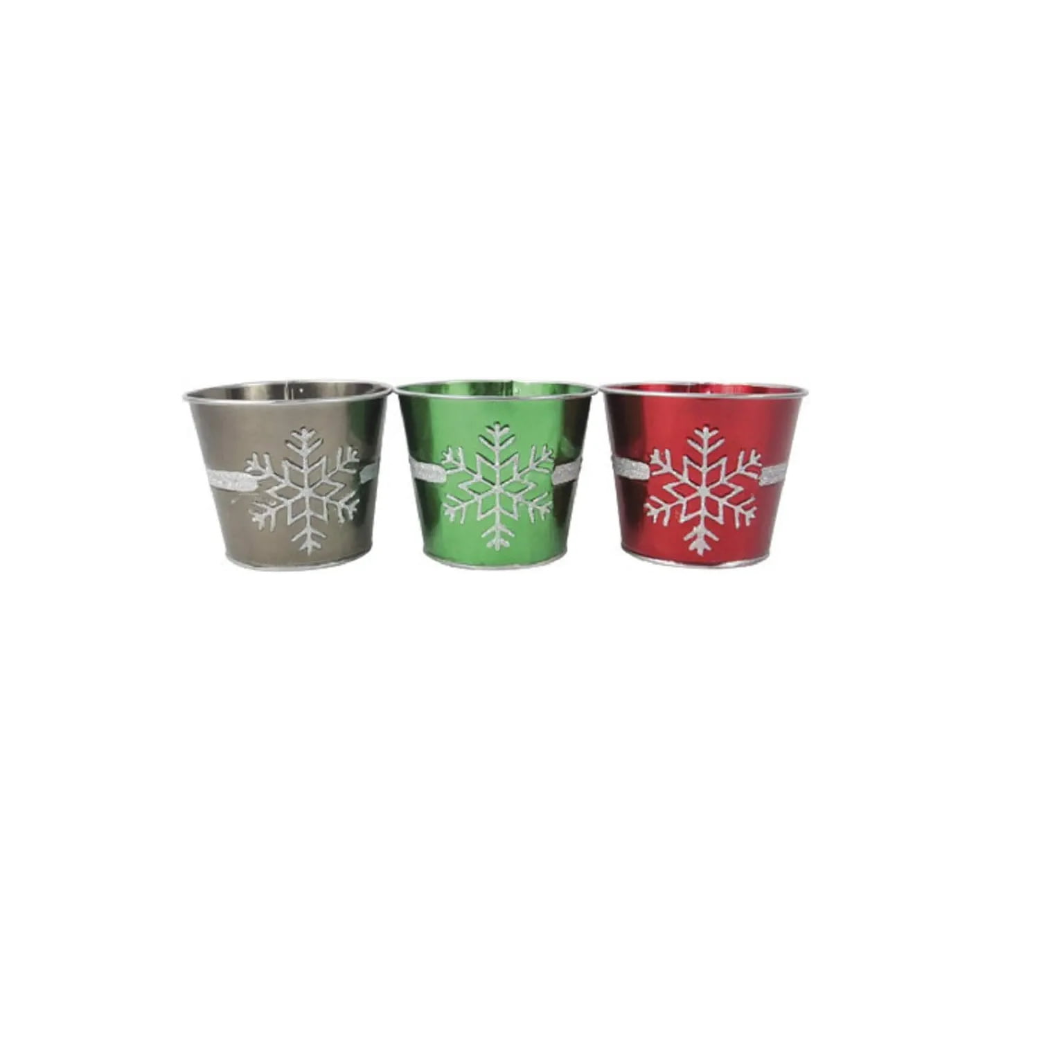 Set of 3 Red, Green, and Silver Glitter Snowflake Tin Pots