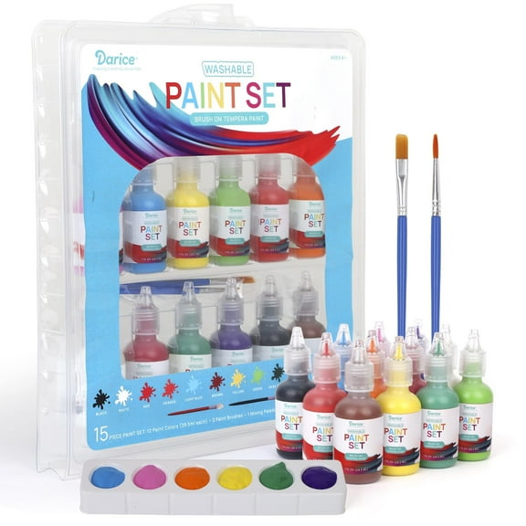 Darice Washable Tempera Paint for Kid, 12 Colors - Non-Toxic Kids Paint with Brushes & Pallete in a reusable Storage Case - Great for Art Projects, Crafts, and Classroom Paint Set, 1oz Paint Bottles