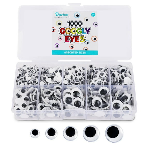 Darice Wiggle Googly Eyes - Bulk 1000pcs Assorted Set, Self-Adhesive, 6mm, 8mm, 10mm, 12mm, 15mm Eyes for Crafts, DIY, Slime, Dolls, and Decorations - Easy Peel & Stick Eye for Kids and Adults
