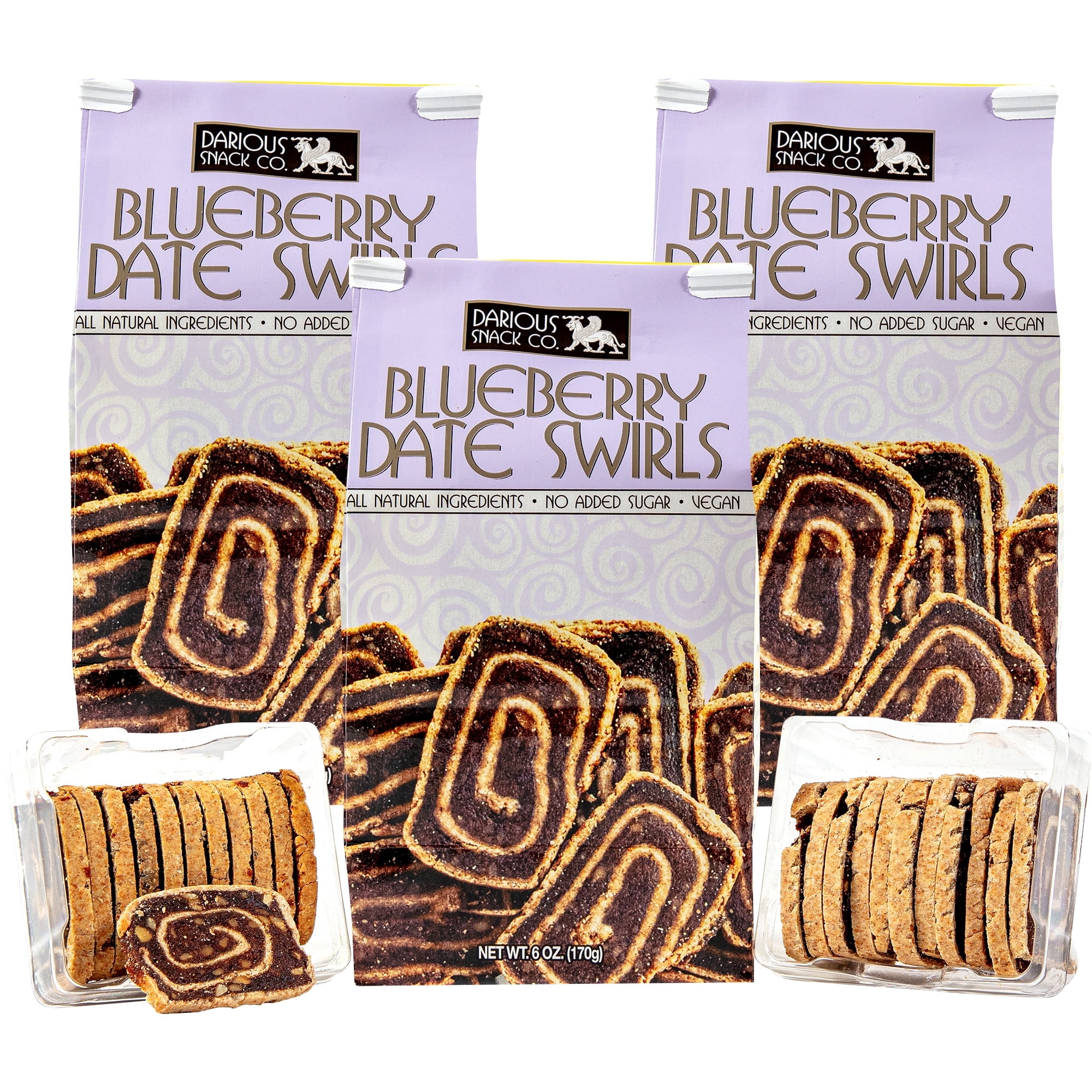Darious Snack Co Vegan Blueberry Date Swirls for Coffee & Tea Treat, Delicious Breakfast Cookies, Slightly Sweet and Savory, All Natural Ingredients, Holiday Food Gifts, 3 Pack - 6 oz Each Bag