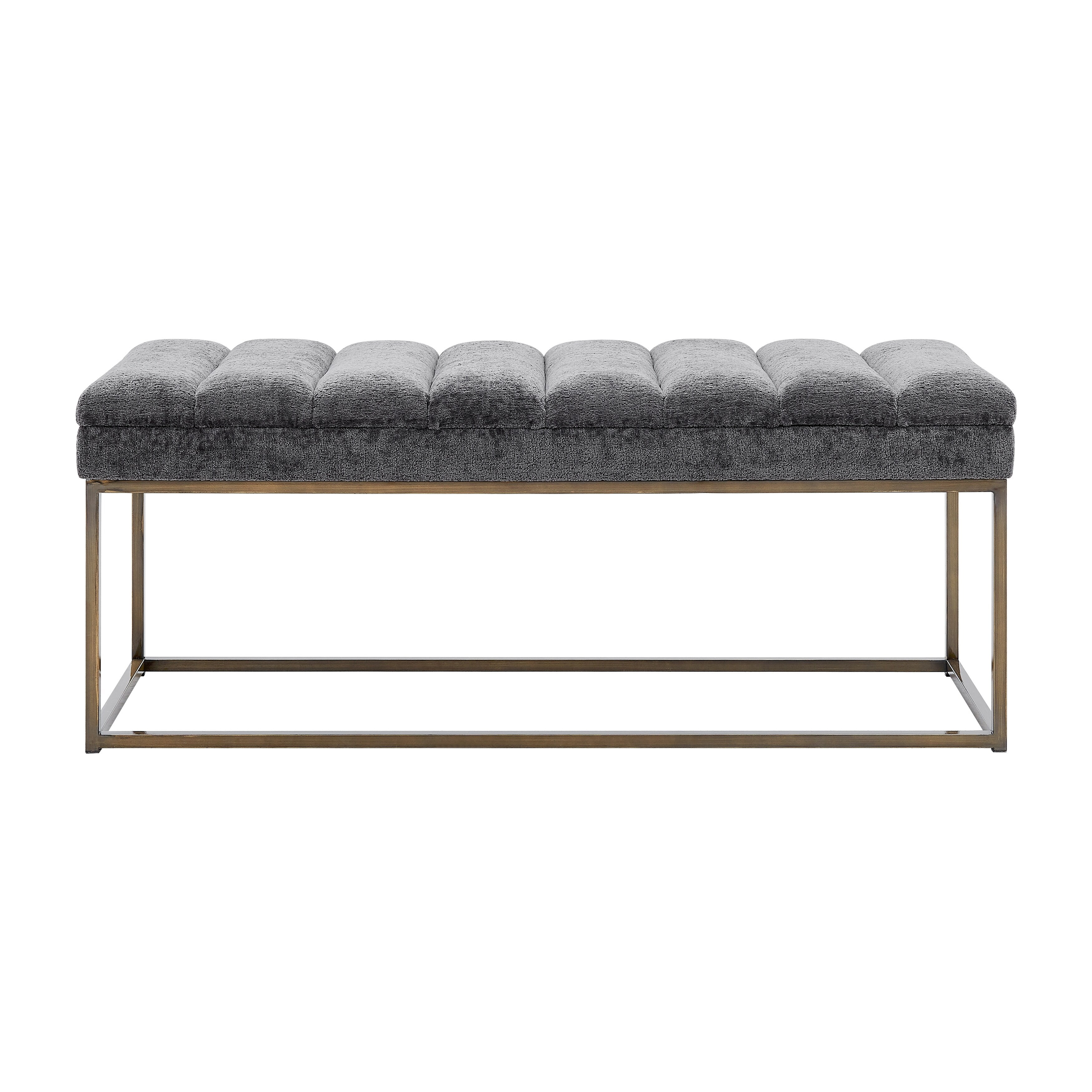 Gray Upholstered Bench with Brushed Gold Steel Base