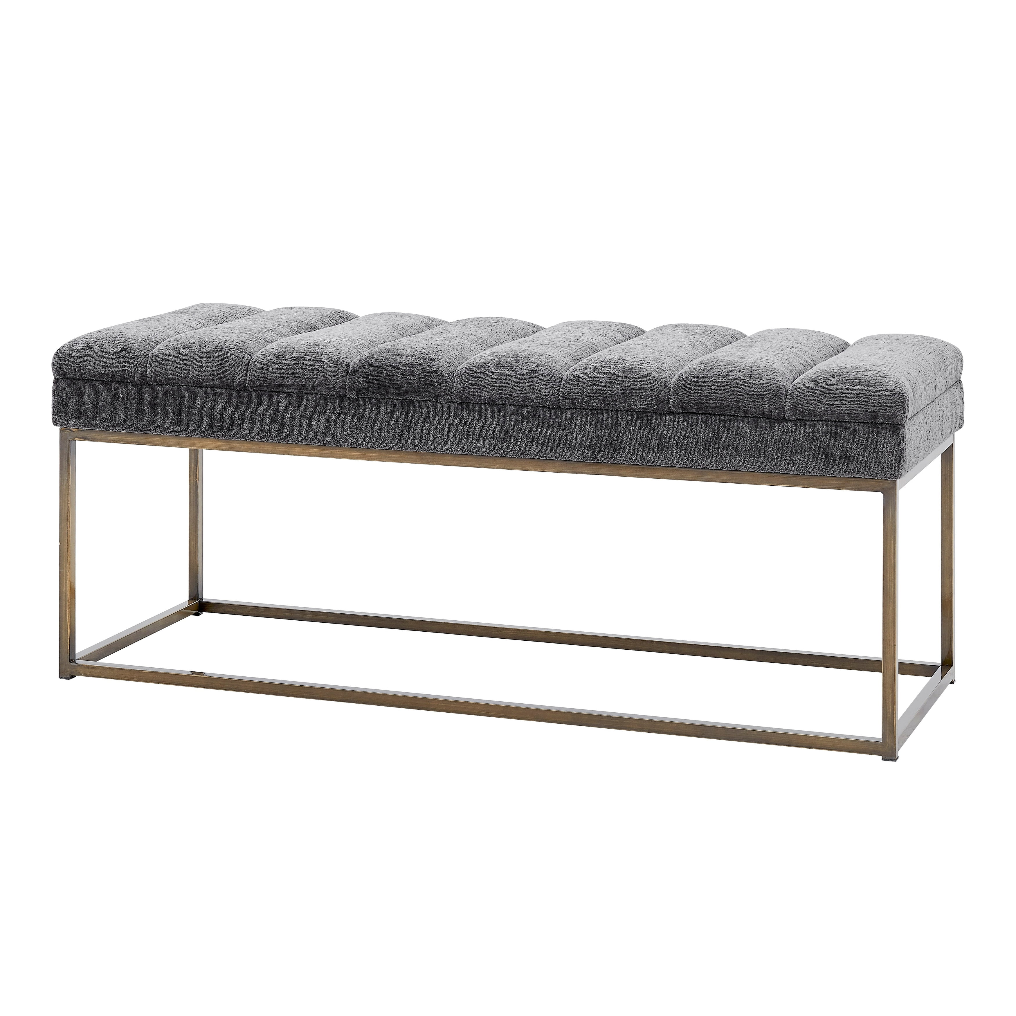 Gray Upholstered Bench with Brushed Gold Steel Base