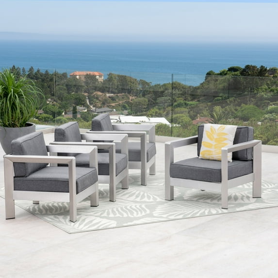 Darius Outdoor Aluminum Club Chairs, Set of 4, Sliver, Gray