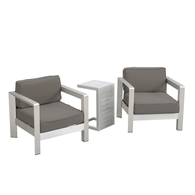 Darius Outdoor Aluminum Club Chairs with Side Table, Sliver, Khaki