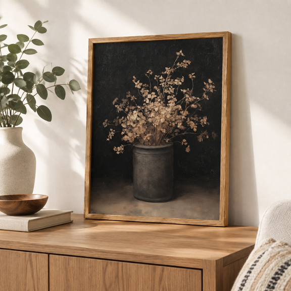 Dark-2 Framed Canvas Art Print, 16"L x 12"W, Rustic Moody Floral Botanical Decor