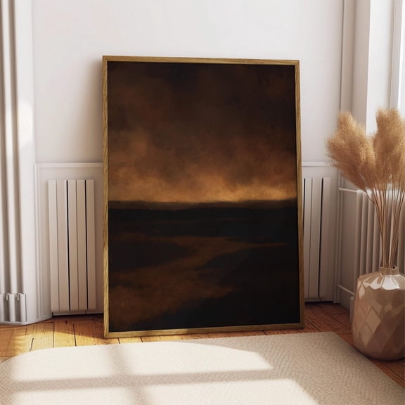 Dark Abstract Landscape Print, Moody Brown Black Oil Painting Poster, Brooding Storm Sky Wall Art, Dark Amber, Expressionist Decor, Art Print, Unfreamed 8x12