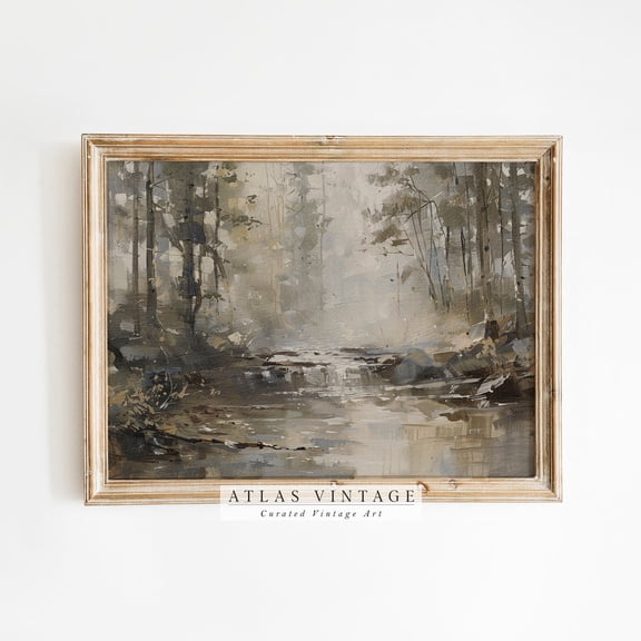 Dark Abstract Landscape Vintage Muted Neutral River Wall Art Print, Thoughtful Modern Design Theme For Living Room And Gallery Wall Decor
