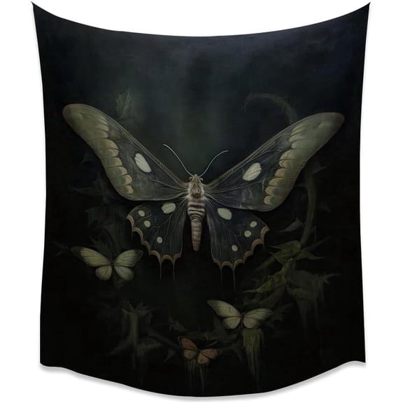 Dark Academia Art Nouveau Moth Tapestry, Retro Insect and Butterfly Wall Hanging Decor for Living Room or Dorm, Gothic Boho Style, White, 40 x 60 Inch