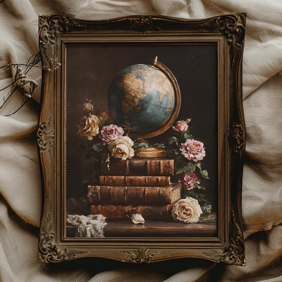 Dark Academia Art Poster, Vintage Books, Globe & Flowers, 12x18 UNFRAMED