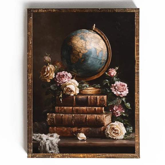 Dark Academia Art Poster, Vintage Books, Globe & Flowers, F038, 12x18 UNFRAMED