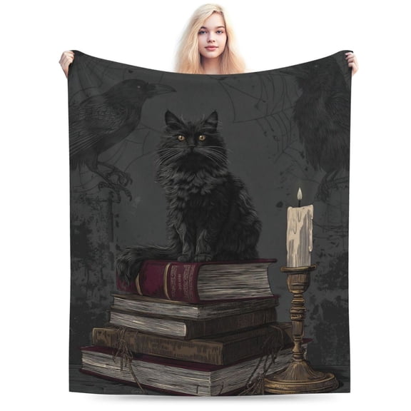 Dark Academia Black Cat Throw Blanket, Vintage Books Gothic Vibes,Library Reading Home Decor 50x40