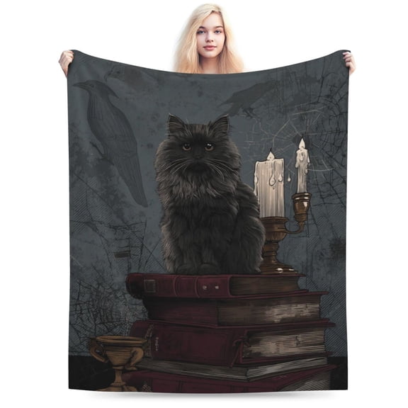 Dark Academia Black Cat Throw Blanket, Vintage Books Gothic Vibes,Library Reading Home Decor 50x40