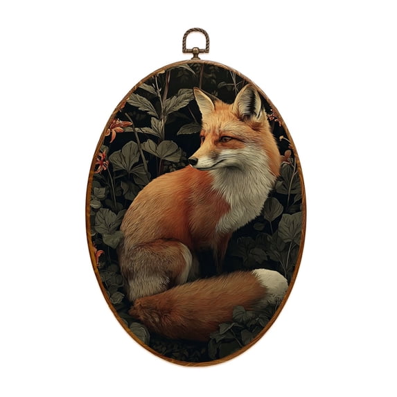 Dark Academia Canvas Wall Art Beautiful Fox Among Dark Floral Landscape Detailed Fur Greenery Oval Framed Canvas Prints Vintage Wall Hanging Decor for Home Decorations 8.6"x11.4"