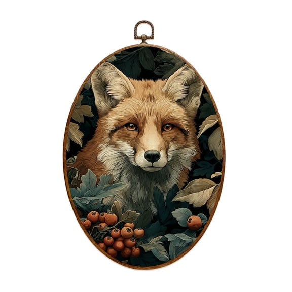 Dark Academia Canvas Wall Art Fox Autumn Foliage Berries Detailed Oval Framed Canvas Prints Vintage Wall Hanging Decor for Home Decorations 8.6"x11.4"