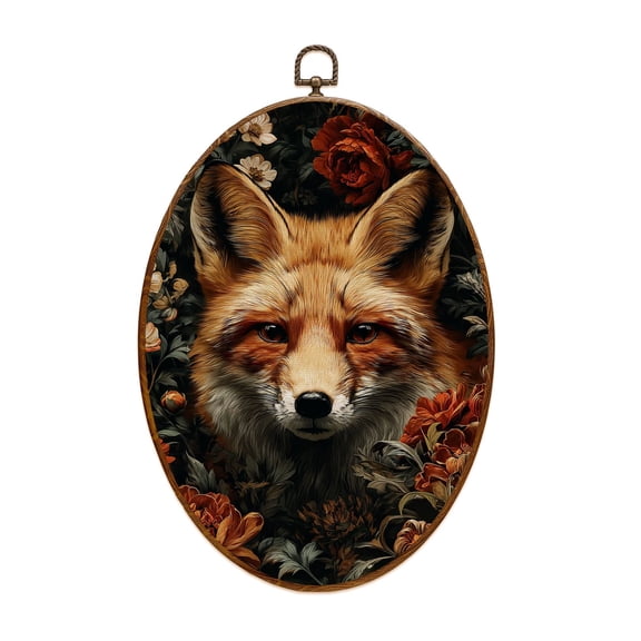 Dark Academia Canvas Wall Art Fox Floral Garden Rich Red Earthy Tones Oval Framed Canvas Prints Vintage Wall Hanging Decor for Home Decorations 8.6"x11.4"