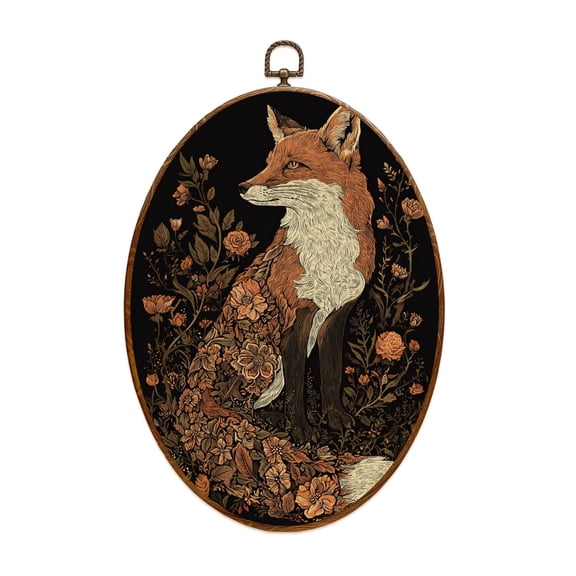 Dark Academia Canvas Wall Art Fox Surrounded by Floral Botanical Ornament Warm Earth Tones Black Oval Framed Canvas Prints Vintage Wall Hanging Decor for Home Decorations 8.6"x11.4"