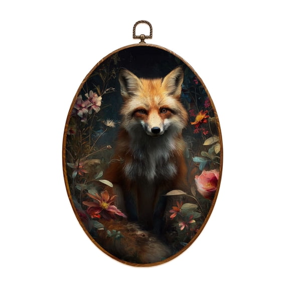 Dark Academia Canvas Wall Art Majestic Fox Surrounded by Flowers Vibrant Foliage Oval Framed Canvas Prints Vintage Wall Hanging Decor for Home Decorations 8.6"x11.4"