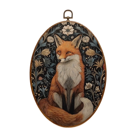 Dark Academia Canvas Wall Art Red Fox Ornate Floral Botanical Dark Oval Framed Canvas Prints Vintage Wall Hanging Decor for Home Decorations 8.6"x11.4"