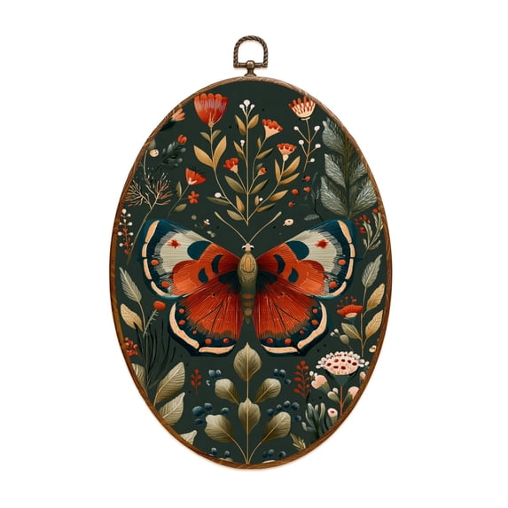 Dark Academia Canvas Wall Art Red Orange Butterfly Surrounded by Floral Elements Detailed Style Oval Framed Canvas Prints Vintage Wall Hanging Decor for Home Decorations 8.6"x11.4"