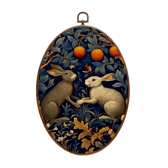 Dark Academia Canvas Wall Art Two Rabbits Floral Garden Orange Fruits Oval Framed Canvas Prints Vintage Wall Hanging Decor for Home Decorations 8.6"x11.4"