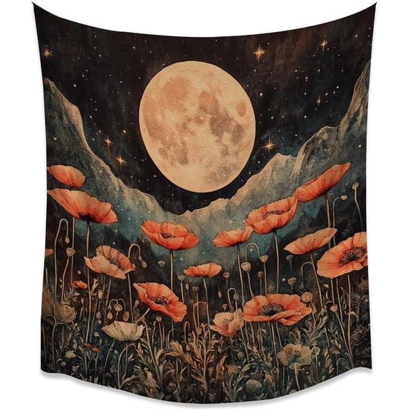 Dark Academia Celestial Poppy Flowers Aesthetic Tapestries Vintage Moody Full Moon Floral Art Tapestry Boho Botanical Artwork Print Wall Hanging Decor for Living Room Home Bedroom Dormwhite30x40inch