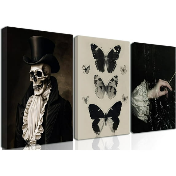 Dark Academia Decor, Gothic Canvas Wall Art, Victorian Goth Wall Dceror Paintings, Creepy Moody Skull and Butterfly Posters Prints for Living Room Bedroom Bathroom Gallery(Only canvas)