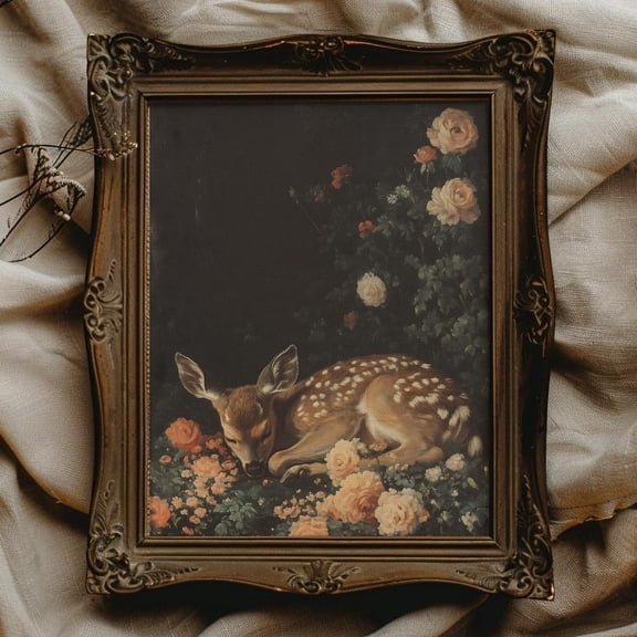 Dark Academia Deer Art Deer Fawn Poster Dark Floral Wall Art Moody Gallery Wall Decor Vintage Shabby Chic Decor For Moody Bedroom, 12x18 UNFRAMED