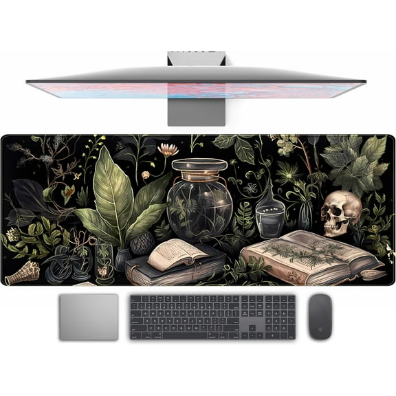 Dark Academia Desk Mat Mouse Pad XL Extended Large Gaming Desk Pad Mousepad, Mystical Green Plant Computer Laptop Keyboard and Mouse Mat, Desktop Protector Mat for Women Girl Office 31.5x11.8 in