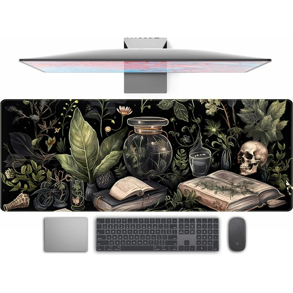 Dark Academia Desk Mat Mouse Pad XL Extended Large Gaming Desk Pad Mousepad, Mystical Green Plant Computer Laptop Keyboard and Mouse Mat, Desktop Protector Mat for Women Girl Office 31.5x11.8 in