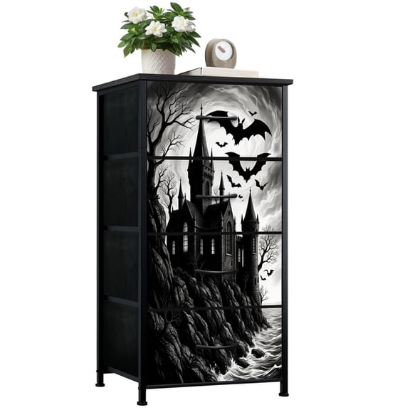 Dark Academia Dresser for Bedroom with 4 Storage Drawers Dark Gothic Creepy Dark Moody Aesthetic Gothic Castle moon Dressers Chest of Drawers Steel Framed Fabric Closet Organizers for Dorm Entryway