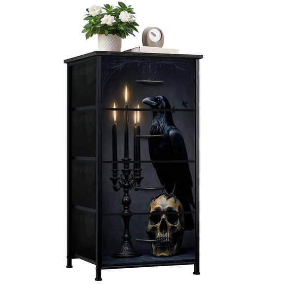 Dark Academia Dresser for Bedroom with 4 Storage Drawers Gothic Black Raven Dark Black Raven Human Skull Dressers Chest of Drawers Steel Framed Fabric Closet Organizers for Dorm Entryway