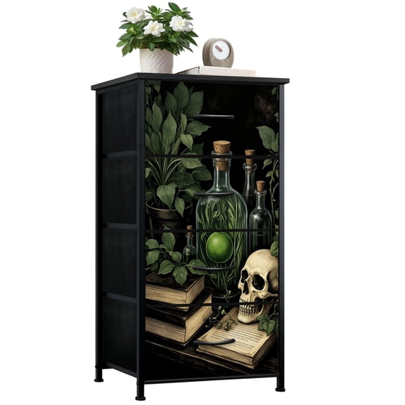 Dark Academia Dresser for Bedroom with 4 Storage Drawers Gothic Dark Botanical skull magic book Black Dressers Chest of Drawers Steel Framed Fabric Closet Organizers for Dorm Entryway