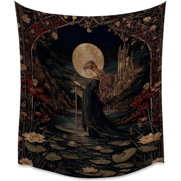 Dark Academia Fantasy Celestial Tapestry Vintage Boho Lady of the Lake Print Tapestries Gothic Medieval Fairy Tale Art Wall Hanging for Bedroom Living Room Dorm Gallery Wall Decor white30x40inch