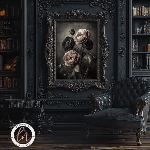 Dark Academia Floral Wall Art, Gothic Black Roses Print, Unframed Paper Poster 8x10in