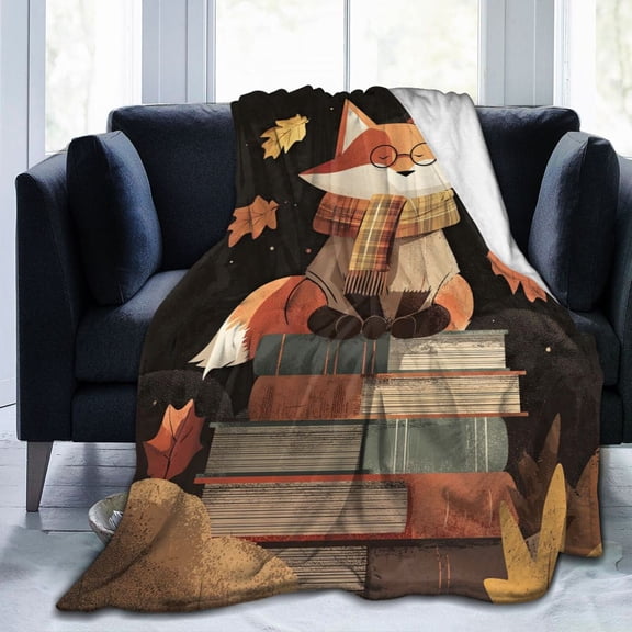 Dark Academia Fox Throw Blanket - Scholarly Fox with Books Art, Vintage Style Decor for Readers, Teachers Gift 50x40