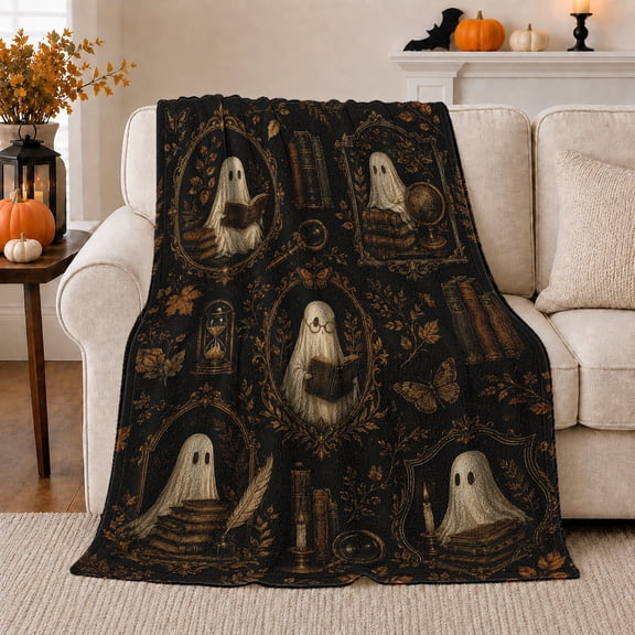 Dark Academia Ghosts Books Vintage Etching Style Reading, Festive Halloween Scene, Warm Flannel Blanket for Sunroom and Reading Nook, Art Lovers Halloween Gift, Festive Home Decor