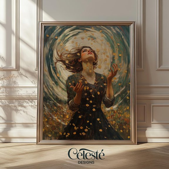 Dark Academia Girl Art Print, Ethereal Gold Leaf Portrait Home Decor #930, 8x12 UNFRAMED