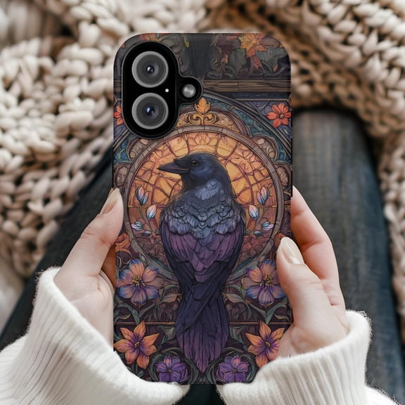 Dark Academia Gothic Stained Glass Raven Phone Case for iPhone 17 16 15 14 13 12 11 Pro Max