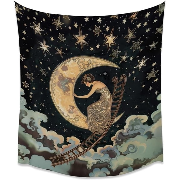 Dark Academia Gothic Wall Tapestry Ladder to the Moon and Stars Vintage Art Nouveau Wall Hanging Decor for Home Bedroom Living Room 30x40 Inch
