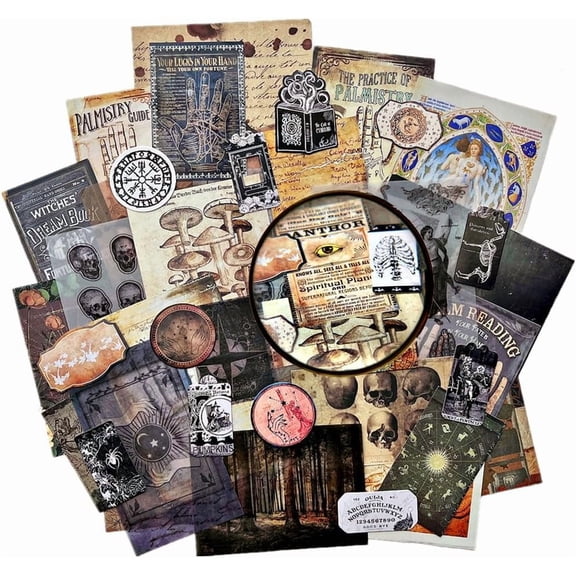 Dark Academia Junk Journal Supplies, Vintage Skull Decoupage Paper for Scrapbook Kit, 45pcs Astrology Ephemera for Junk Journals, Mushroom Plant Materials for Room Decor Wall Collage Kit