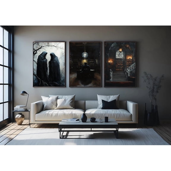 Dark Academia Library Print Gothic Bookshelf Wall Art Set 3 Stretched Canvas 12x18