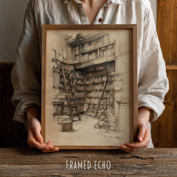 Dark Academia Library Sketch Vintage Wall Art Decor, Unframed Paper Poster 8x10in