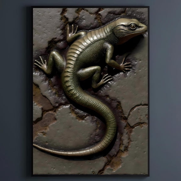 Dark Academia Lizard Tile Art, Iridescent Verdigris Bronze Reptile on Cracked Ceramic Wall Decor, Close,Up Poster, Size 8x12 UNFFRAMED F03.1.7l2843