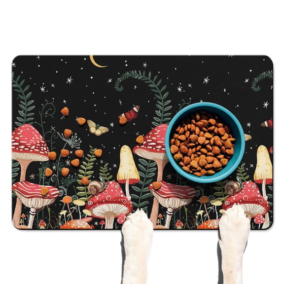 Dark Academia Mushroom Dog Feeding Mat - Absorbent Waterproof Pet Food Mat - Non-Slip Placemat - Gothic Design - Easy Clean Spill Catcher for Floors