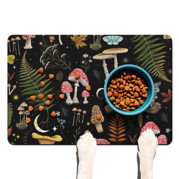 Dark Academia Mushroom Dog Feeding Mat - Absorbent Waterproof Pet Food Mat - Non-Slip Placemat - Gothic Design - Easy Clean Spill Catcher for Floors