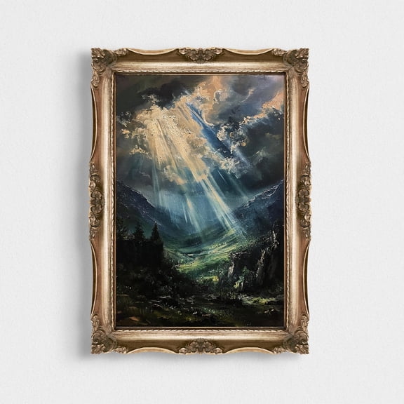 Dark Academia Nocturne Poster, Vintage Sun Rays, Moody Night Sky Landscape, Dark Gothic Decor, Lunar Celestial Wall Art Hanging, 16x24 UNFRAMED