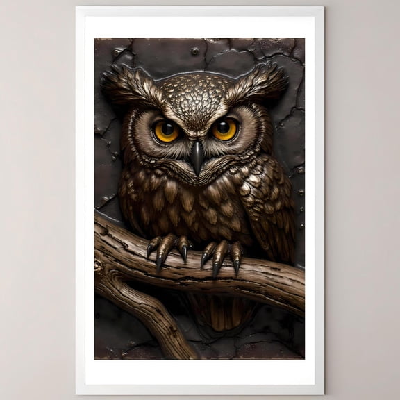 Dark Academia Owl Tile Art, Glazed Ceramic Poster with Manuscript Branch, Photorealistic Close,Up, Sepia Brass Wall Decor, Size 8x12 UNFFRAMED F03.1.7l2845